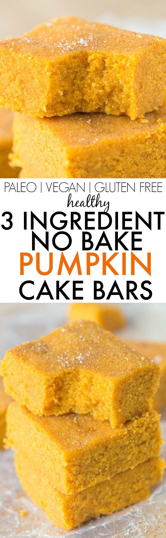 Healthy 3 Ingredient NO BAKE Pumpkin Cake Bars- Quick, easy and delicious cake bars LOADED with pumpkin flavor- Low fat and can be 100% sugar free! {vegan, gluten free, paleo recipe}- thebigmansworld.com