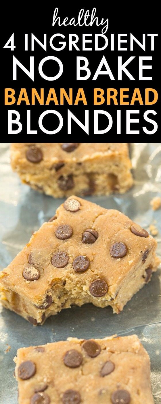 Healthy FOUR ingredient No Bake Banana Bread Blondies- Quick and easy recipe- one bowl + 5 minutes to whip up these delicious soft and fudgy blondies which are healthy too! {paleo, vegan, gluten-free} -thebigmansworld.com
