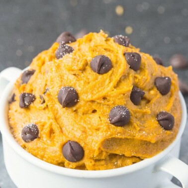 Healthy Pumpkin Cookie Dough for ONE- You'd never believe this creamy, texture perfect treat is packed full of fiber, protein and VERY low in sugar- It takes less than five minutes to whip up! {vegan, gluten-free, paleo option} - thebigmansworld.com