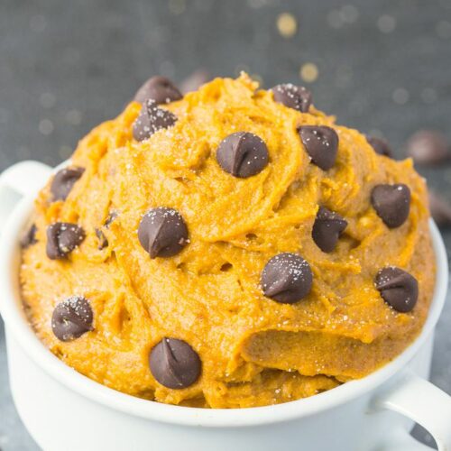 Healthy Pumpkin Cookie Dough for ONE- You'd never believe this creamy, texture perfect treat is packed full of fiber, protein and VERY low in sugar- It takes less than five minutes to whip up! {vegan, gluten-free, paleo option} - thebigmansworld.com