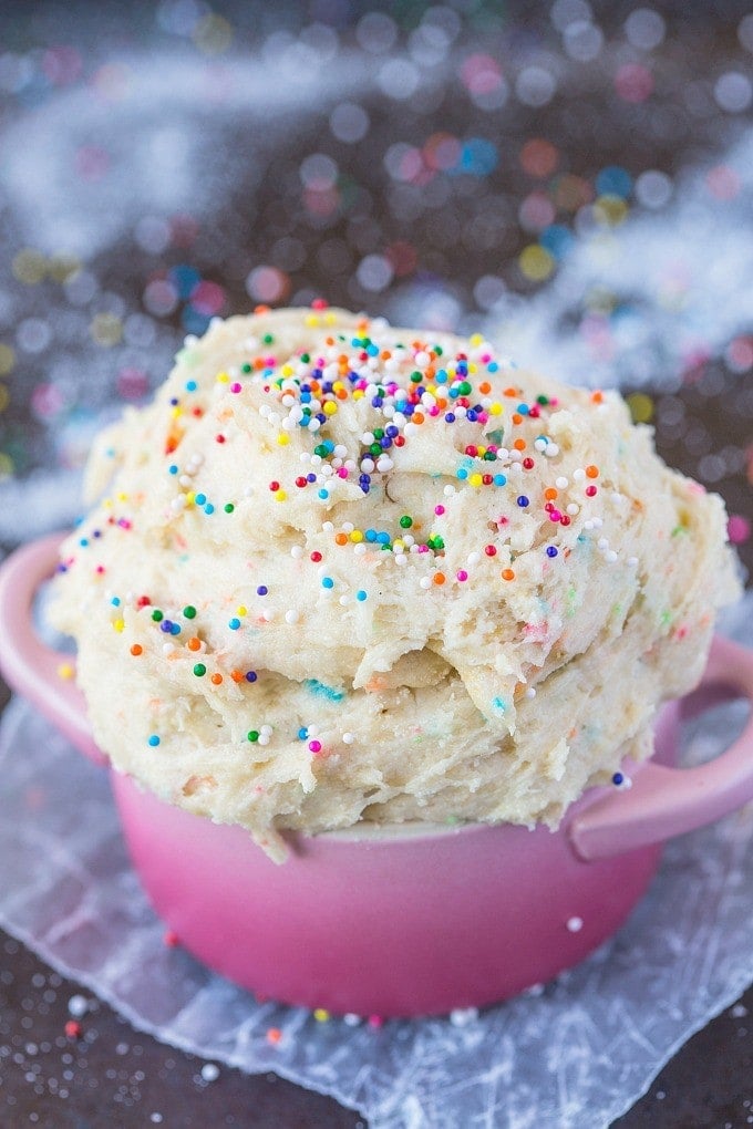 Healthy Cake Batter dip for ONE recipe- Delicious, creamy and packing over 20 grams of protein, it only takes 5 minutes to whip up! Sinfully nutritious! {vegan, gluten free, sugar free + paleo options} - thebigmansworld.com