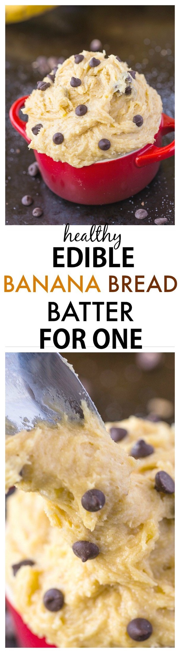 Healthy Edible Banana Bread Batter for one- The taste + texture of classic banana bread batter but SO healthy- This recipe is single serve and packed full of protein and barely any sugar! {vegan, gluten-free, egg-free, paleo options}- 