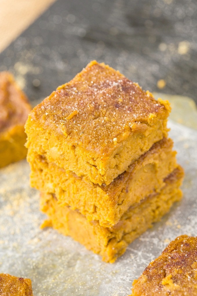 Four Ingredient Flourless Pumpkin Gingerbread Blondies Recipe- Soft, fudgy and with NO flour, butter or sugar; these are a healthy sweet treat or snack which are SO delicious! {Vegan, gluten-free, egg-free, paleo options} -thebigmansworld.com