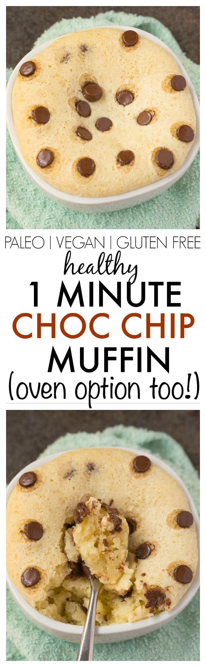 Healthy One Minute Chocolate Chip Muffin Recipe- SUPER fluffy, moist, yet tender on the outside and less than 100 calories and ONE ready in minute- An oven version too! {vegan, gluten free, paleo recipe}-thebigmansworld.com