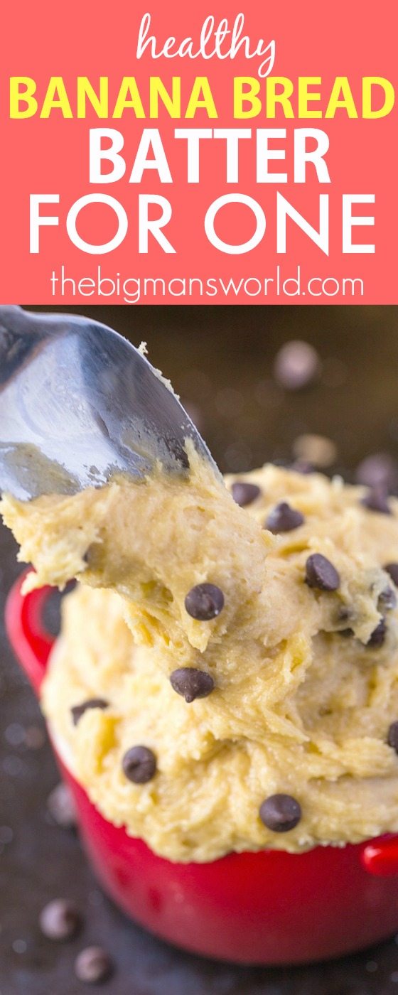 Healthy Edible Banana Bread Batter for one- The taste + texture of classic banana bread batter but SO healthy- This recipe is single serve and packed full of protein and barely any sugar! {vegan, gluten-free, egg-free, paleo recipe}- thebigmansworld.com 