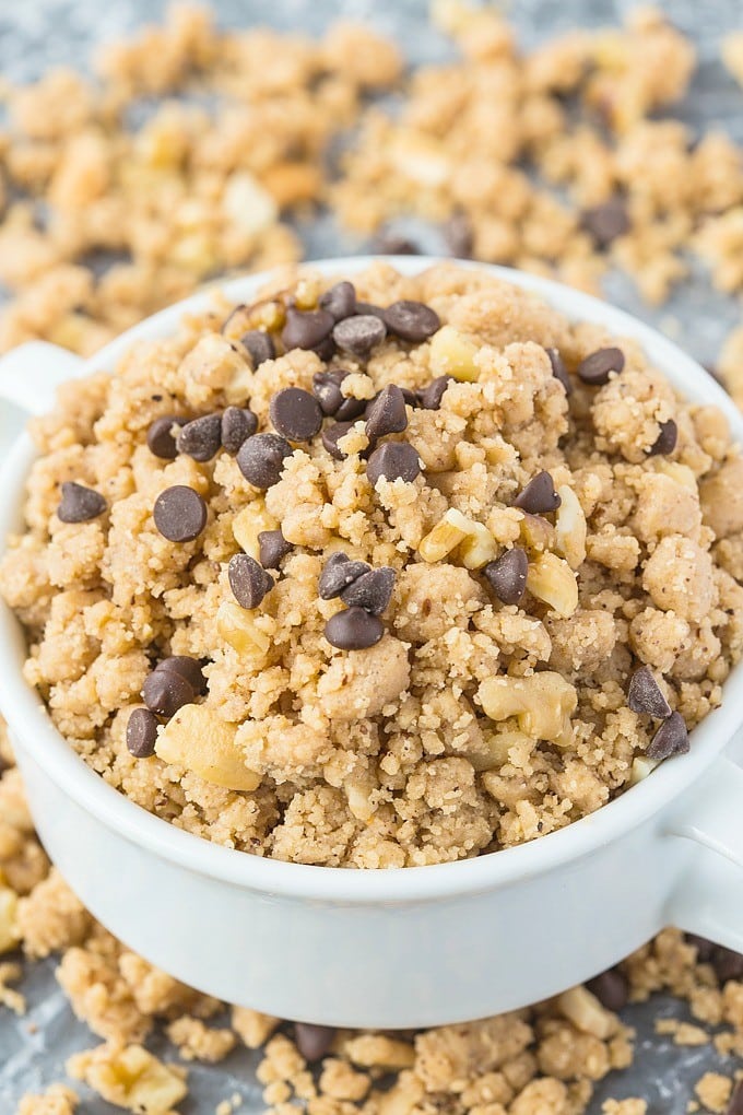 Healthy Cookie Dough Crumbles for ONE recipe- The taste and texture of crumbly cookie dough, minus the guilt! No butter, flour, sugar OR eggs and ready in just five minutes- A quick and easy treat or snack! {vegan, gluten free, paleo, high protein options}