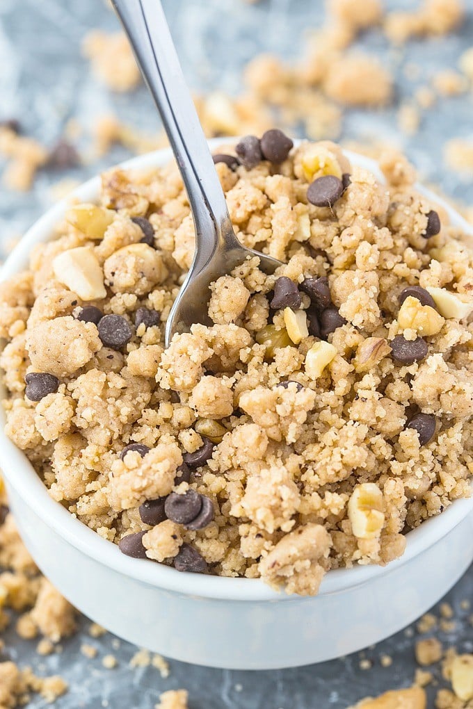 Healthy Cookie Dough Crumbles for ONE recipe- The taste and texture of crumbly cookie dough, minus the guilt! No butter, flour, sugar OR eggs and ready in just five minutes- A quick and easy treat or snack! {vegan, gluten free, paleo, high protein options}