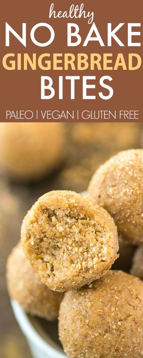 Healthy No Bake GINGERBREAD Bites- Quick, easy and delicious, these NO BAKE bites are soft, chewy and made with NO sugar, grains or butter- Kid friendly and sugar free! {vegan, gluten free, paleo recipe}- thebigmansworld.com
