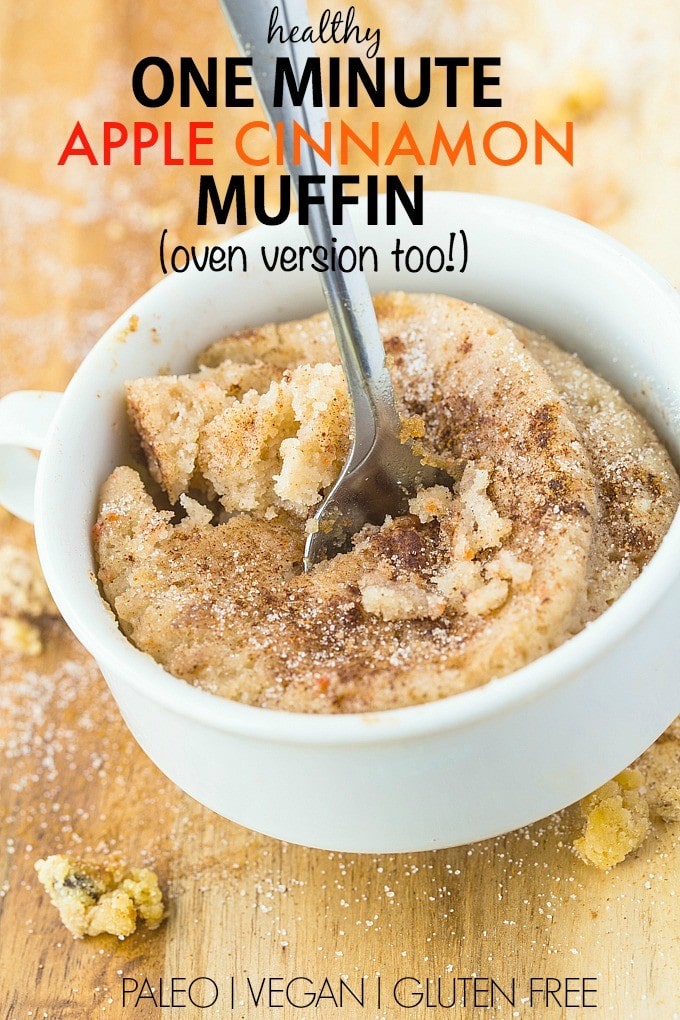 Healthy 1 Minute Apple Cinnamon Muffin recipe- A quick and easy one minute muffin which is moist, fluffy and less than 100 calories- Naturally sweetened and SO delicious- An oven option too! {vegan, gluten free, paleo option}