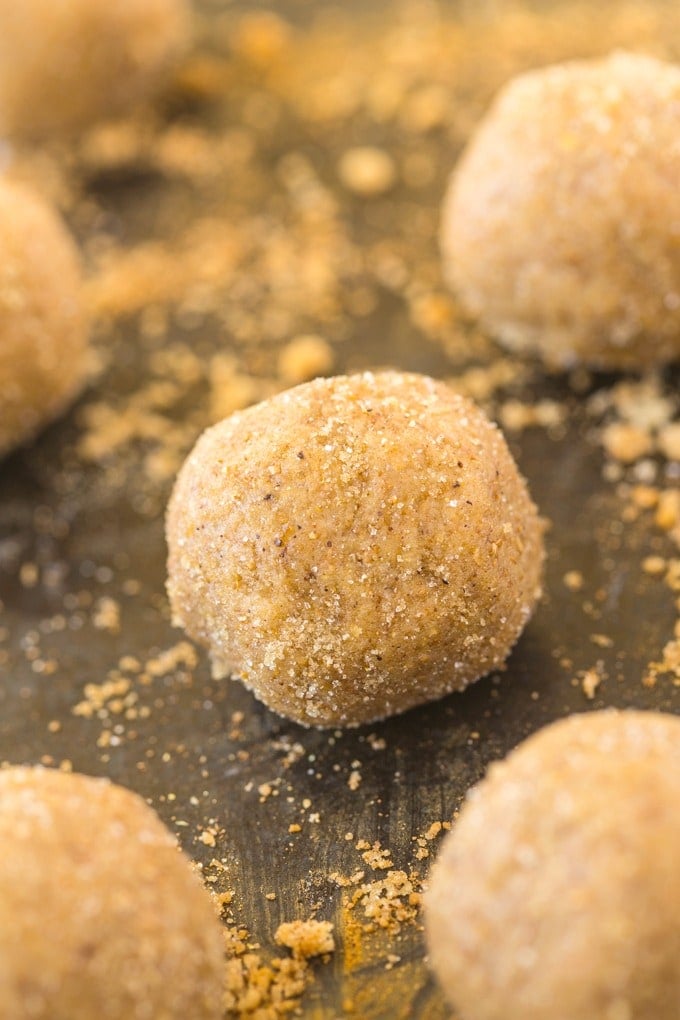 A gingerbread no bake energy ball covered in gingerbread spices and with cinnamon around it 
