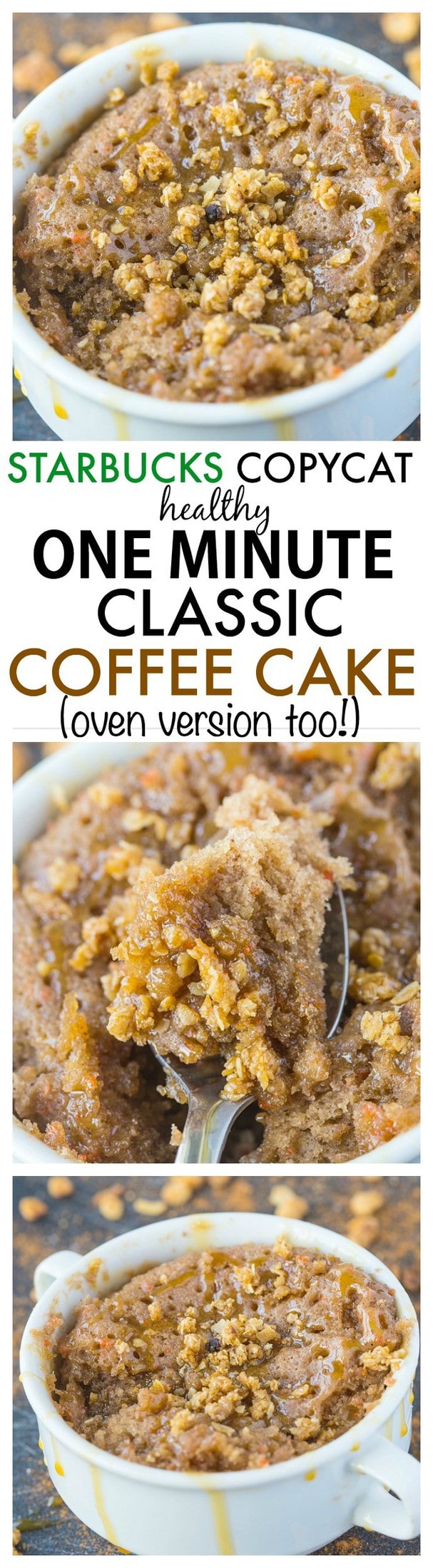 Healthy 1 Minute Classic Coffee Cake- Inspired by Starbucks, this healthy cake recipe is moist, fluffy and SO delicious- There's no oil, butter or added sugar AND it only takes one minute- Oven option too! {vegan, gluten free, paleo}