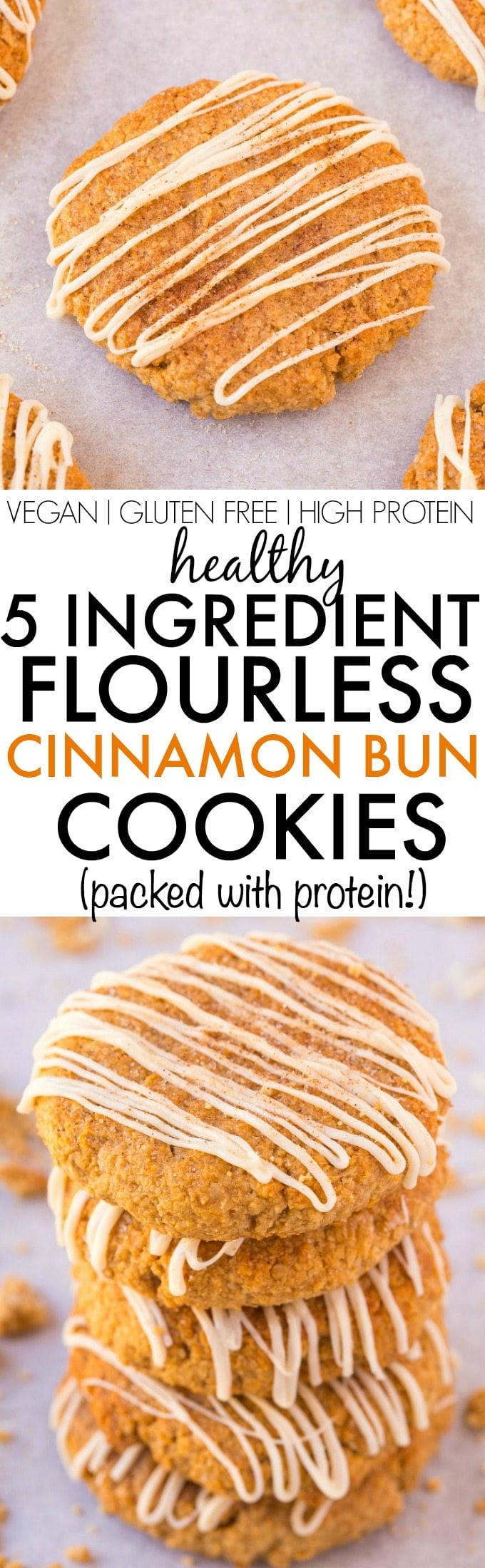 Healthy 5 Ingredient FLOURLESS Cinnamon Bun Cookies- Thick, chewy and soft in the centre, these protein packed cookies are secretly healthy and need just FIVE ingredients- NO butter, NO oil, NO flour and NO white sugar! {vegan, gluten free, high protein recipe}- thebigmansworld.com