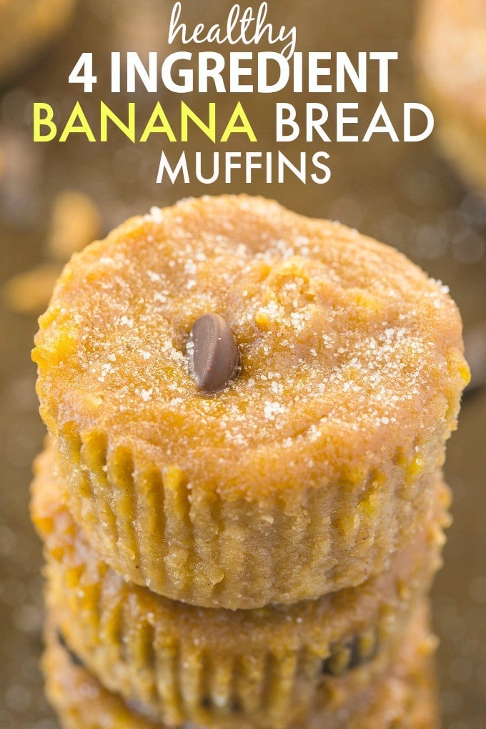 Healthy FOUR Ingredient Banana Bread Muffins- Moist, gooey yet incredibly tender, these 4 ingredient muffins have no butter, oil, white flour or sugar- The perfect recipe to use up bananas! {vegan, gluten free, paleo}