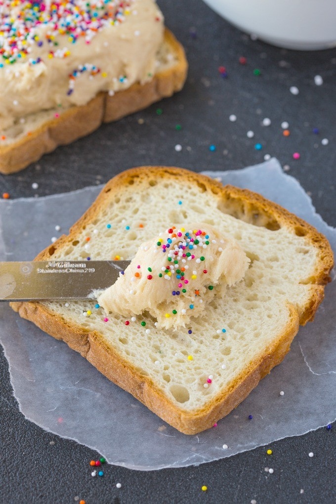 Healthy Low Carb Cake Batter Spread- Quick, easy and packed full of protein, this delicious spread recipe is perfect for sandwiches, fruit or as a dip- No butter, oil, flour or sugar! {vegan, gluten free, paleo option}