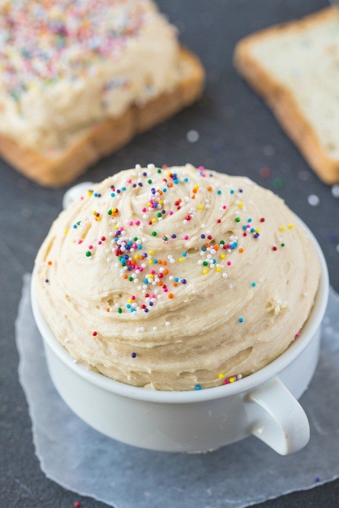Healthy Low Carb Cake Batter Spread- Quick, easy and packed full of protein, this delicious spread recipe is perfect for sandwiches, fruit or as a dip- No butter, oil, flour or sugar! {vegan, gluten free, paleo option}