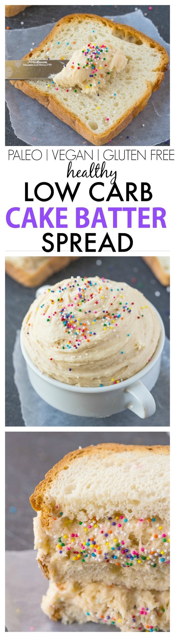 Healthy Low Carb Cake Batter Spread- Quick, easy and packed full of protein, this delicious spread recipe is perfect for sandwiches, fruit or as a dip- No butter, oil, flour or sugar! {vegan, gluten free, paleo option}