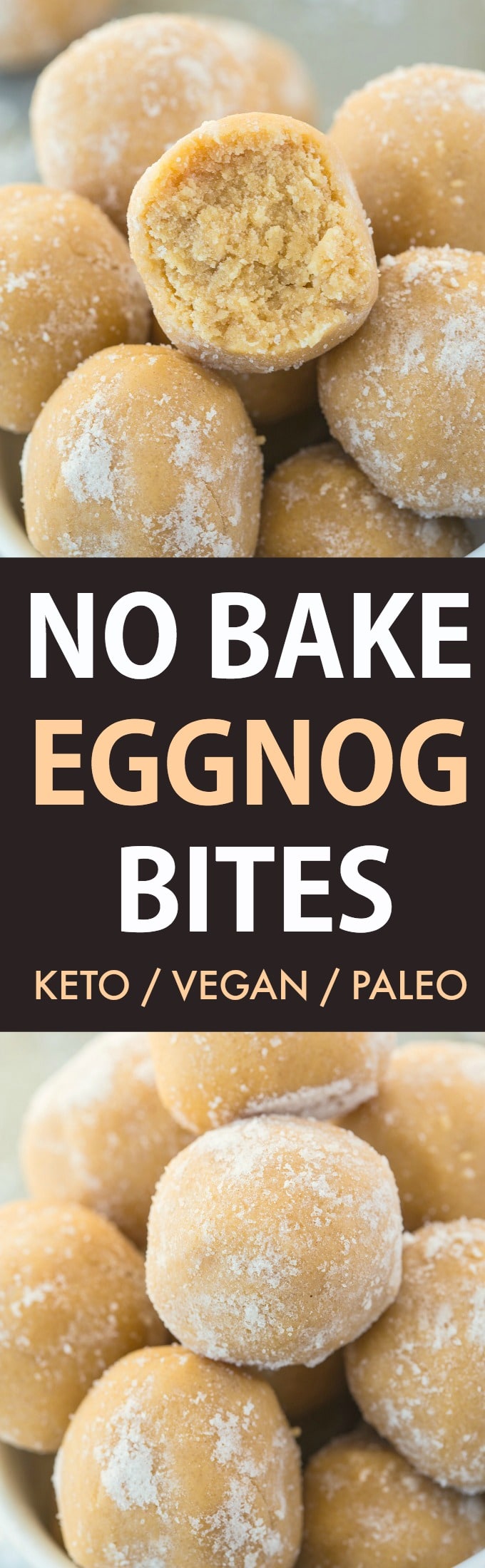 An easy holiday or Christmas recipe for healthy eggnog no bake bites- The perfect dairy-free, protein-packed and sugar-free use for leftover eggnog and the best easy 5-minute eggnog dessert- Paleo, keto, vegan and gluten-free! #eggnog #energybites #christmasrecipes #ketodessert #proteinbites