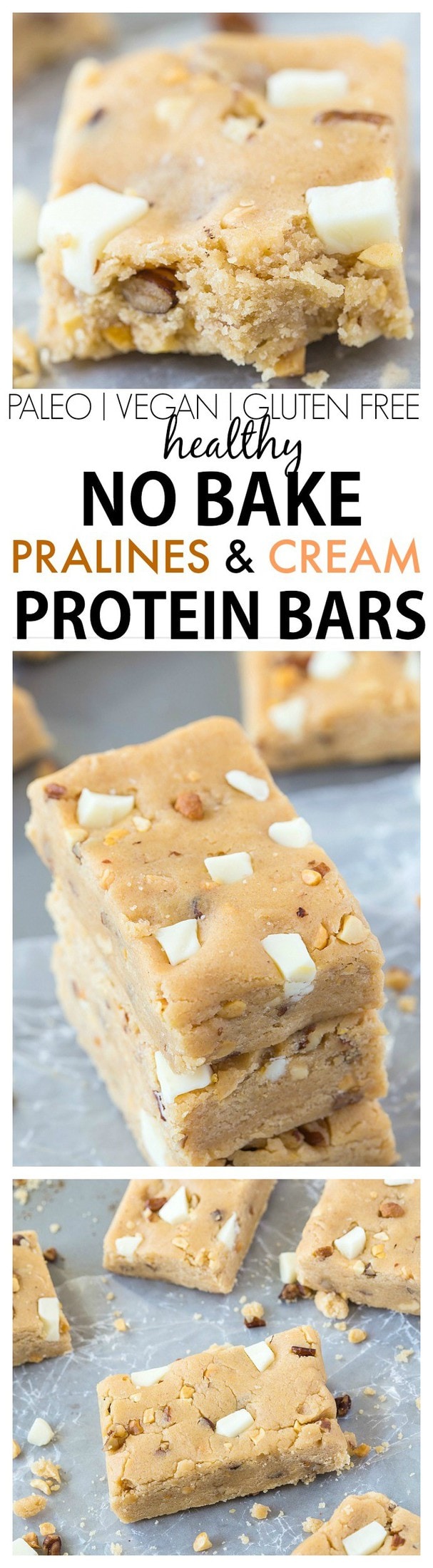 Healthy No Bake Pralines and Cream Protein Bars recipe- The ultimate snack bar which tastes like dessert and takes minutes to make- It's like eating candy but SO healthy- No butter, oil or sugar! {vegan, gluten free, paleo options}