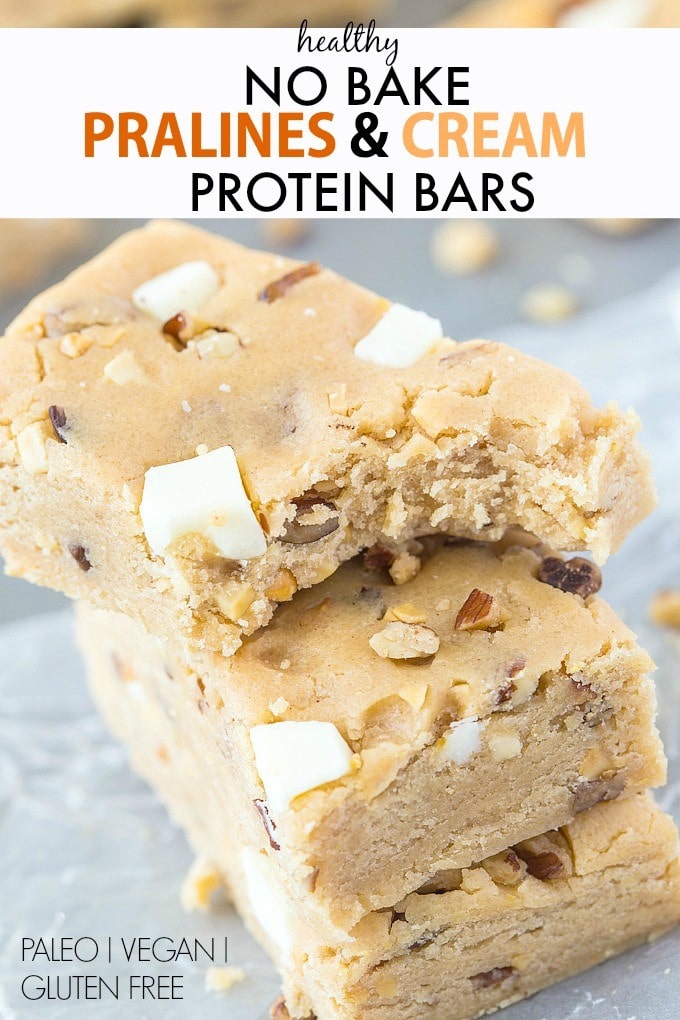 Healthy No Bake Pralines and Cream Protein Bars recipe- The ultimate snack bar which tastes like dessert and takes minutes to make- It's like eating candy but SO healthy- No butter, oil or sugar! {vegan, gluten free, paleo options}