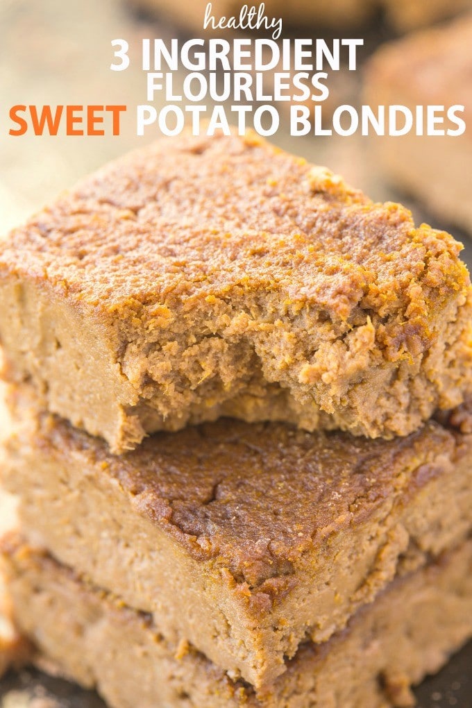 3 Ingredient Flourless Sweet Potato Blondies recipe- Delicious, melt in your mouth blondies (only THREE ingredients!) which take minutes to make and are decadent yet SO healthy- There NO flour, butter, sugar or oil! {vegan, gluten free, paleo}