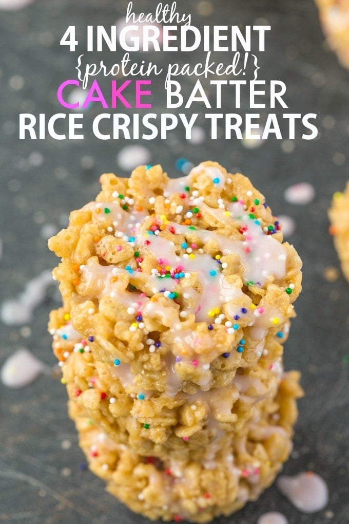 Four EASY ingredients to make these healthy CAKE BATTER Rice Crispy Treats with NO butter, oil or marshmallows- So easy and protein packed! {vegan, gluten free, high protein recipe}