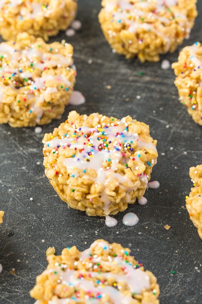 Four EASY ingredients to make these healthy CAKE BATTER Rice Crispy Treats with NO butter, oil or marshmallows- So easy and protein packed! {vegan, gluten free, high protein recipe}