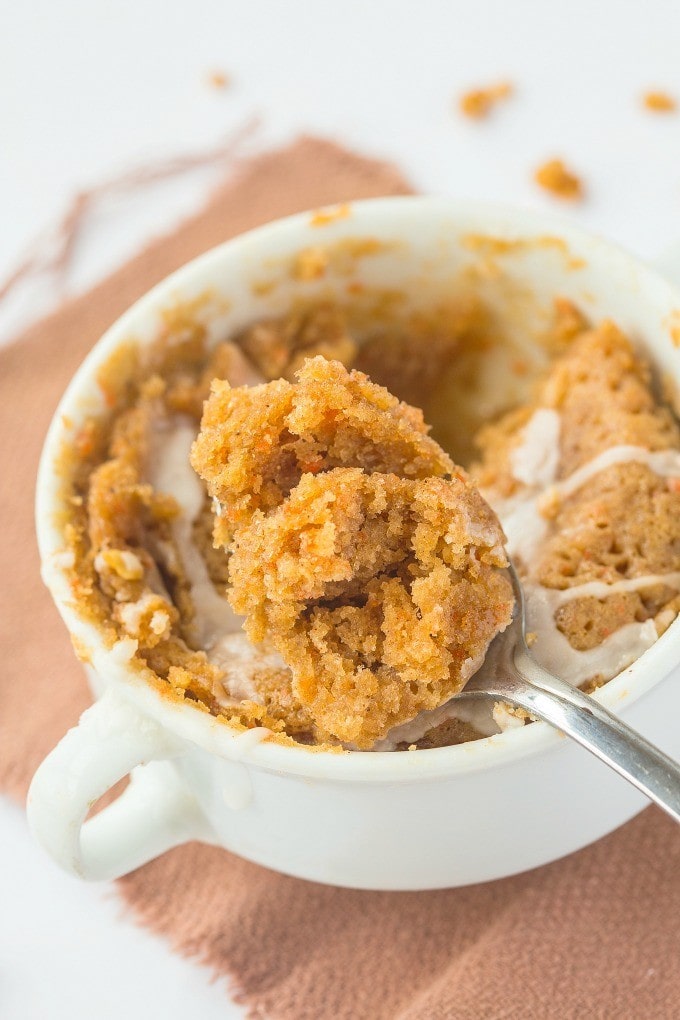 Healthy One Minute Carrot Cake which is moist, fluffy yet tender on the outside- A delicious snack or healthy dessert to enjoy anytime- Oven version too! {vegan, gluten free, paleo recipe}- thebigmansworld.com