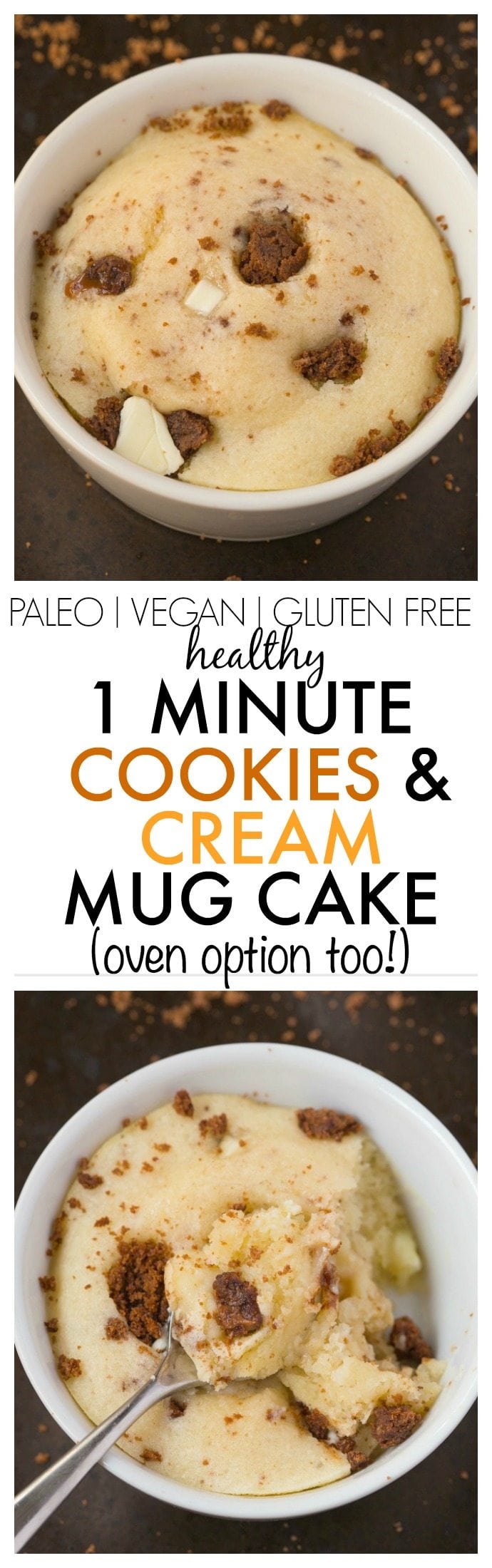 Healthy 1 Minute Cookies and Cream Mug Cake made with NO butter, NO oil. NO grains and NO sugar, yet incredible- Oven option too! {vegan, gluten free, paleo recipe}- thebigmansworld.com