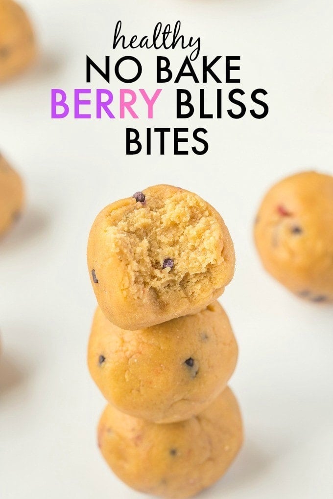 No Bake Berry Bliss Bites which are soft, tender snack bites which take minutes to make! They are healthy but you'd never tell! {vegan, gluten free, paleo recipe}- thebigmansworld.com