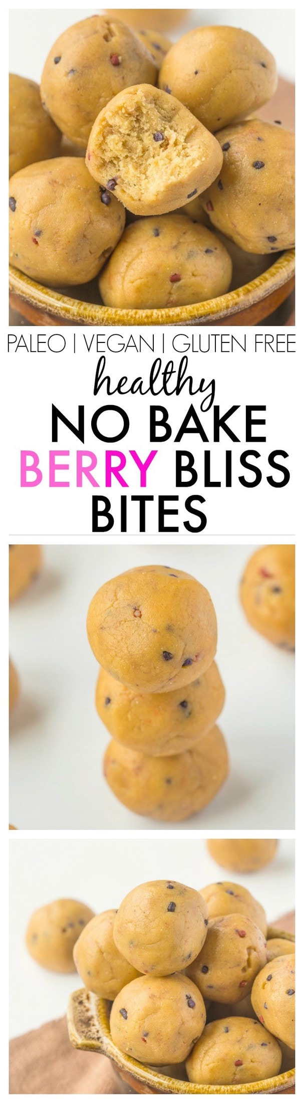 No Bake Berry Bliss Bites which are soft, tender snack bites which take minutes to make! They are healthy but you'd never tell! {vegan, gluten free, paleo recipe}- thebigmansworld.com