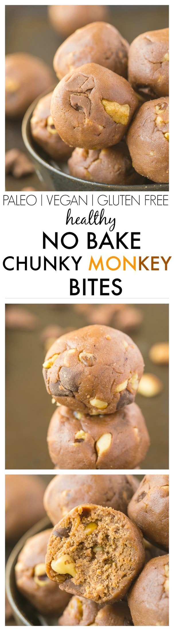 No Bake Chunky Monkey Bites which are the perfect snack recipe which tastes anything but healthy- But they are! Ready in 5 minutes! {vegan, gluten free, paleo, high protein recipe}