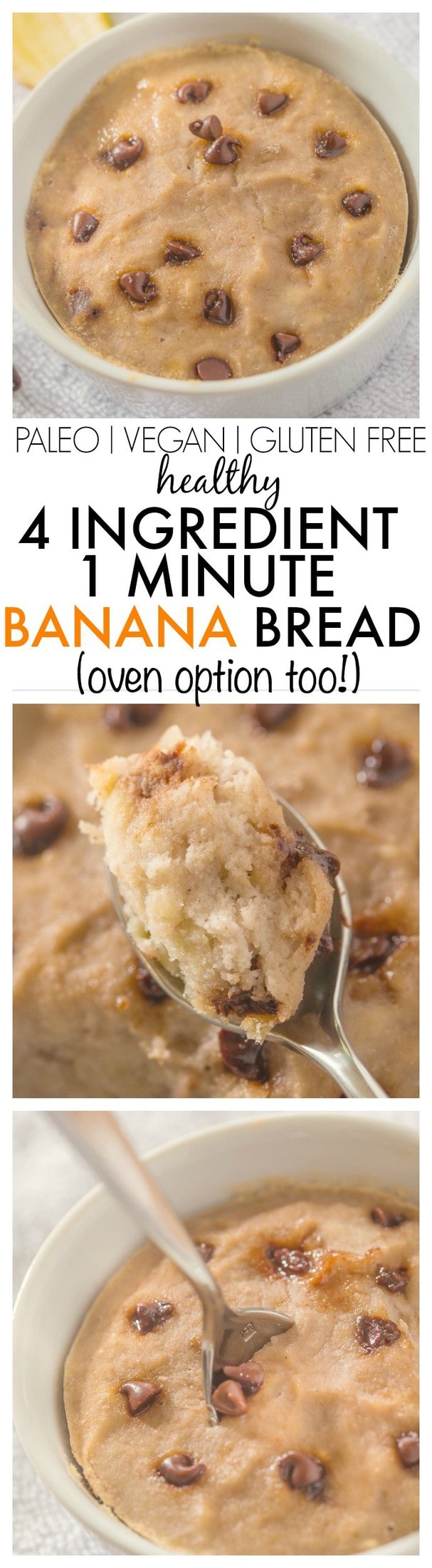 Healthy 1 Minute Banana Bread using 4 ingredients and SO moist, gooey yet tender on the outside- It has NO butter, oil, sugar or white flour!- There is an oven option too! {vegan, gluten free, paleo recipe}
