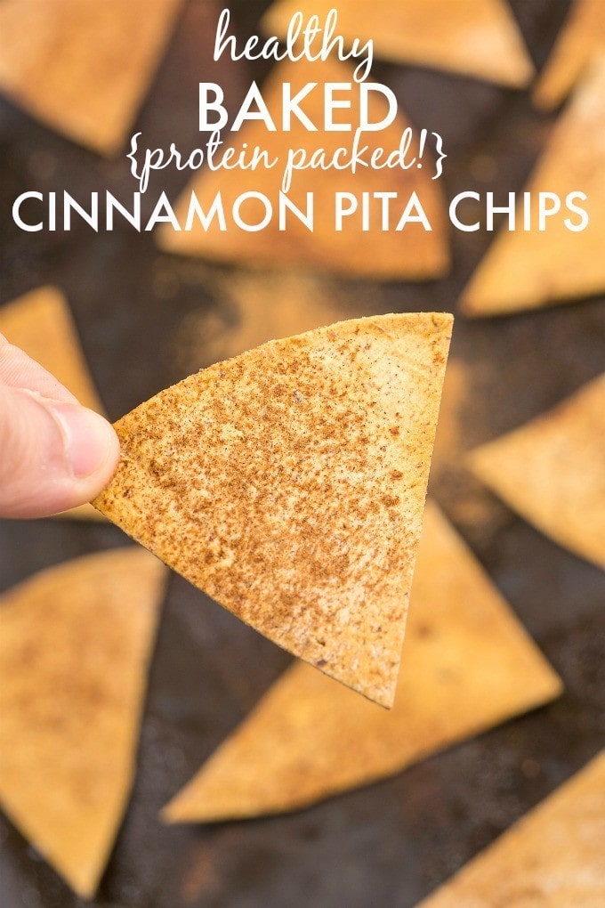 Healthy and Easy Baked Cinnamon Pita Chips which are sweet, salty, crunchy ,crispy and LOADED with flavor without the fat and NO sugar- It's protein packed too! {gluten free, vegan, sugar free recipe