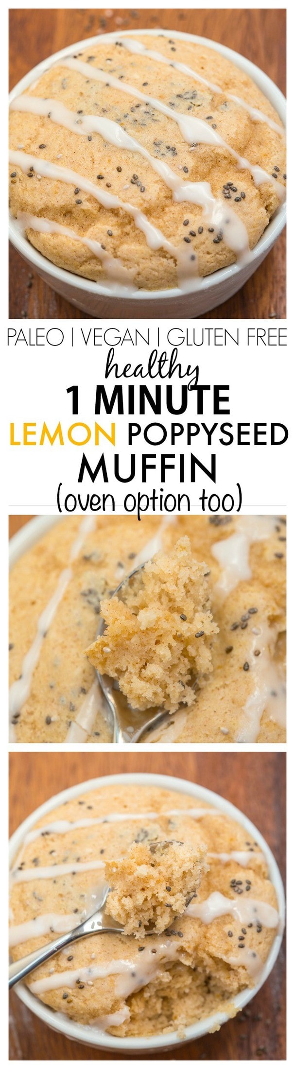 Healthy 1 minute Lemon Poppyseed Muffin- Moist and fluffy on the inside and tender on the outside, these have NO butter, oil or sugar in them but you'd never tell- Oven option too! {vegan, gluten free, paleo recipe}- thebigmansworld.com
