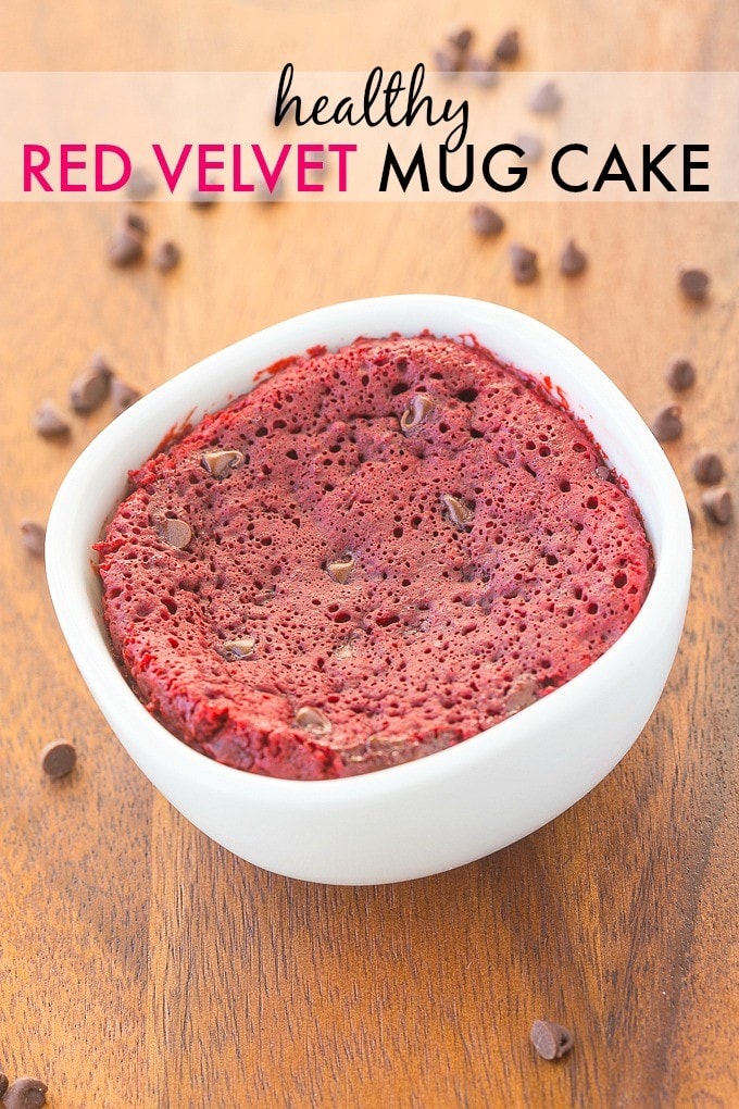 Healthy Red Velvet Mug Cake- Fluffy, moist yet tender on the outside, this mug cake takes 1 minute but has an oven option too! {vegan, gluten free, paleo recipe options}