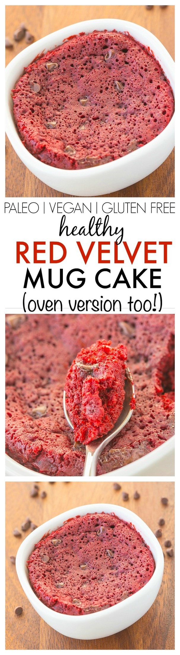 Healthy Red Velvet Mug Cake- Fluffy, moist yet tender on the outside, this mug cake takes 1 minute but has an oven option too! {vegan, gluten free, paleo recipe options}
