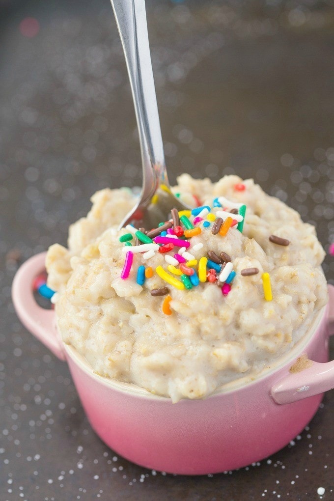 Healthy Vanilla Cake Batter Oatmeal- Enjoy overnight oatmeal style or piping hot- With the taste and texture of REAL cake batter but healthy and NO sugar! {Vegan, gluten free, dairy free recipe}- thebigmansworld.com