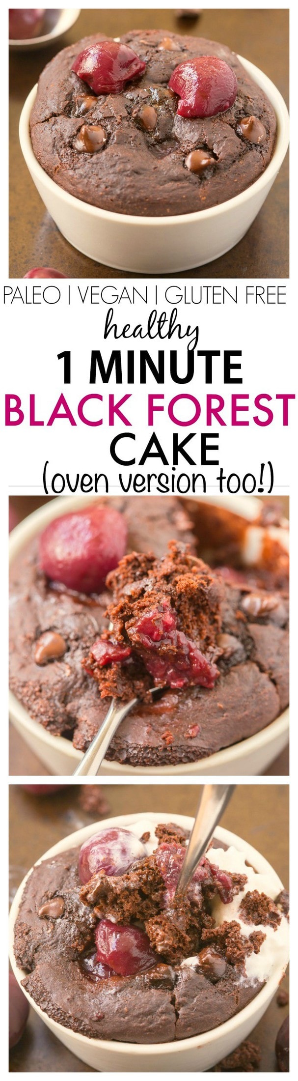 Healthy 1 Minute Black Forest Cake- Fluffy and light on the inside, tender on the outside- NO butter, oil, sugar or grains! but SO delicious! {vegan, gluten free, paleo recipe}- thebigmansworld.com