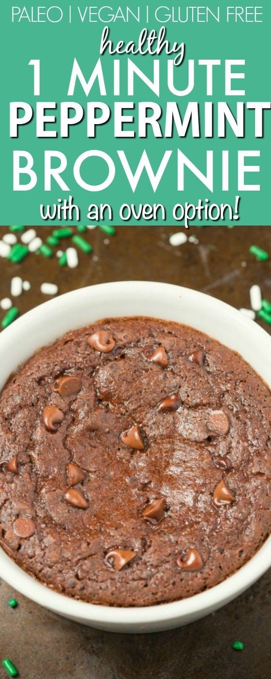 Healthy ONE MINUTE Peppermint Chocolate Brownie Mug Cake- Light, fluffy and tender- Made with NO butter, it's oil free, sugar free and low calorie! Oven option too! {vegan, gluten free, paleo recipe}- thebigmansworld.com