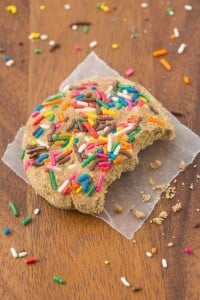 Healthy Birthday Cake Protein Cookie- Soft and chewy cookie which is healthy but you'd never tell- So quick, easy and loaded with protein and NO sugar! {vegan, gluten free, paleo recipe}- thebigmansworld.com
