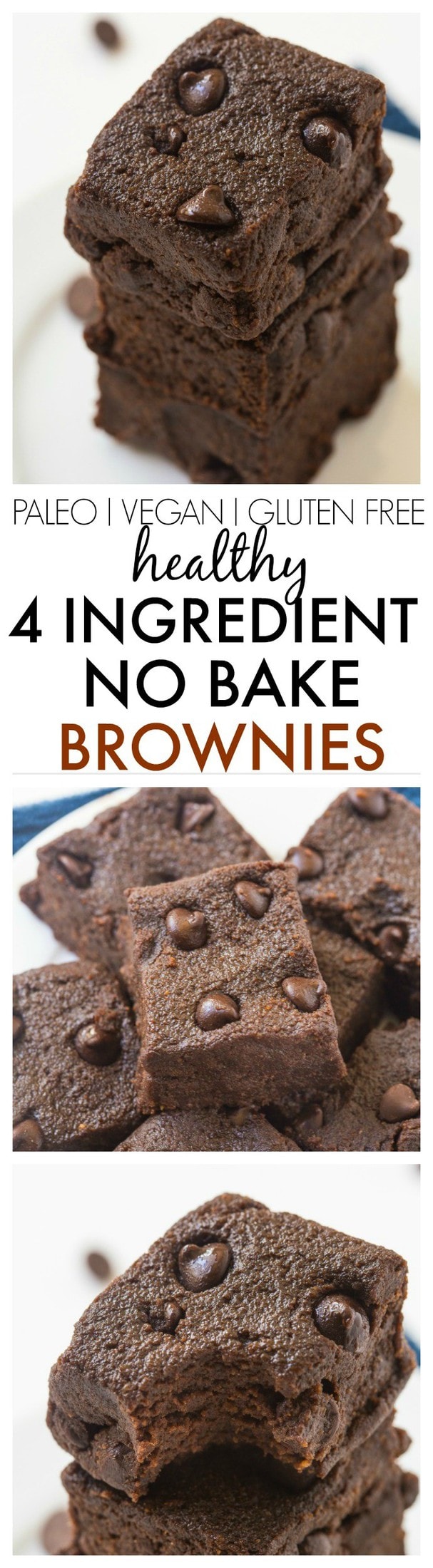 Healthy 4 Ingredient No Bake Brownies- SO moist, gooey and fudgy but with NO butter, oil, sugar, eggs or odd ingredients and ready in no time! {vegan, gluten free, paleo recipe}- thebigmansworld.com