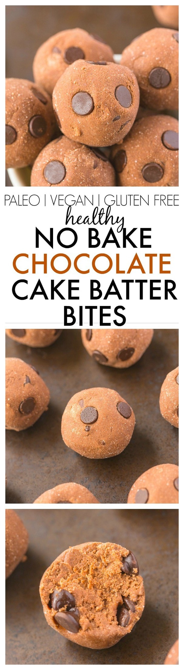 Healthy NO BAKE chocolate cake batter bites which have AMAZING texture and take less than 5 minutes- NO butter, oil, grain flour or sugar! {vegan, gluten free, paleo recipe}- thebigmansworld.com