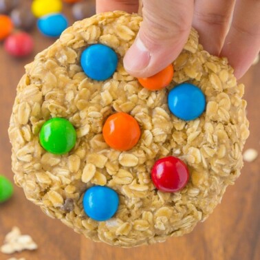 Healthy No Bake GIANT Monster Cookie For ONE! Soft and extra chewy cookie with NO butter, oil, flour or sugar- Ready in 5 minutes! {vegan, gluten free, dairy free recipe}- thebigmansworld.comHealthy No Bake GIANT Monster Cookie For ONE! Soft and extra chewy cookie with NO butter, oil, flour or sugar- Ready in 5 minutes! {vegan, gluten free, dairy free recipe}- thebigmansworld.com