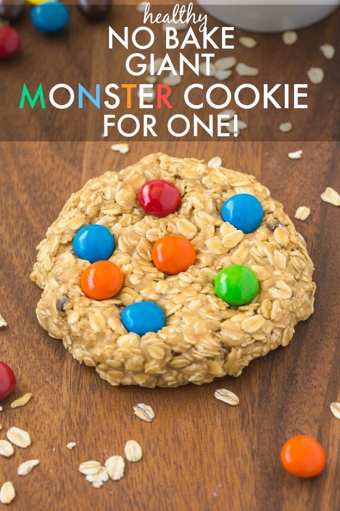 Healthy No Bake GIANT Monster Cookie For ONE! Soft and extra chewy cookie with NO butter, oil, flour or sugar- Ready in 5 minutes! {vegan, gluten free, dairy free recipe}- thebigmansworld.com