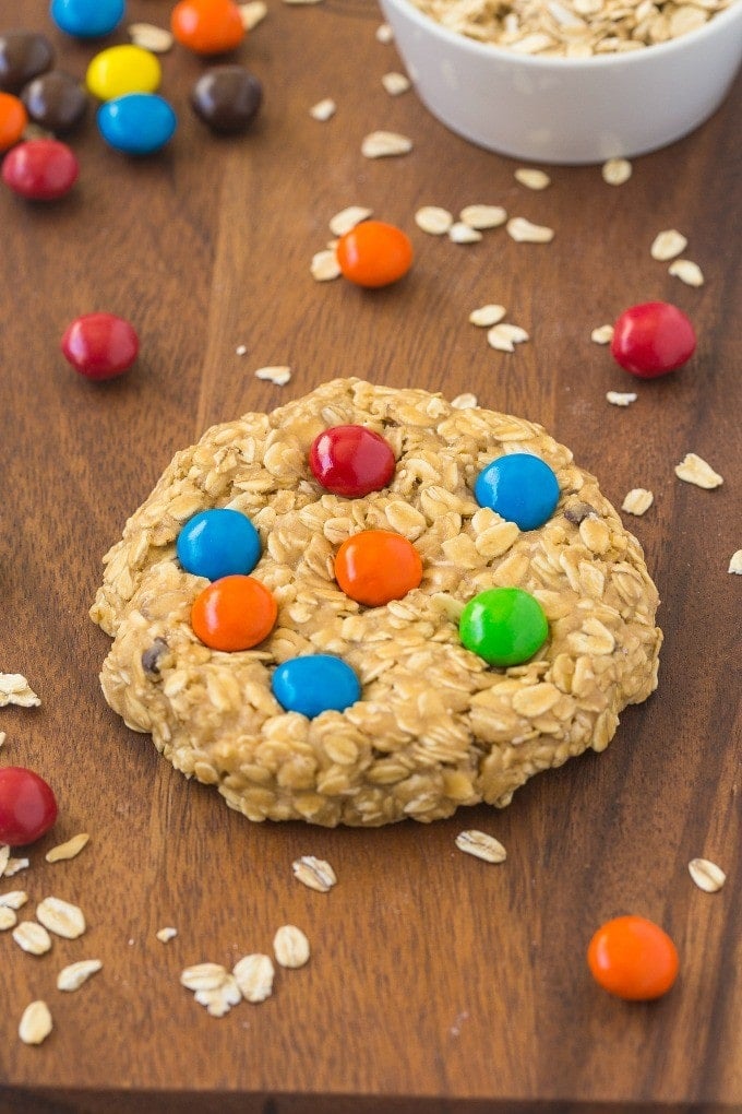 Healthy No Bake GIANT Monster Cookie For ONE! Soft and extra chewy cookie with NO butter, oil, flour or sugar- Ready in 5 minutes! {vegan, gluten free, dairy free recipe}- thebigmansworld.com