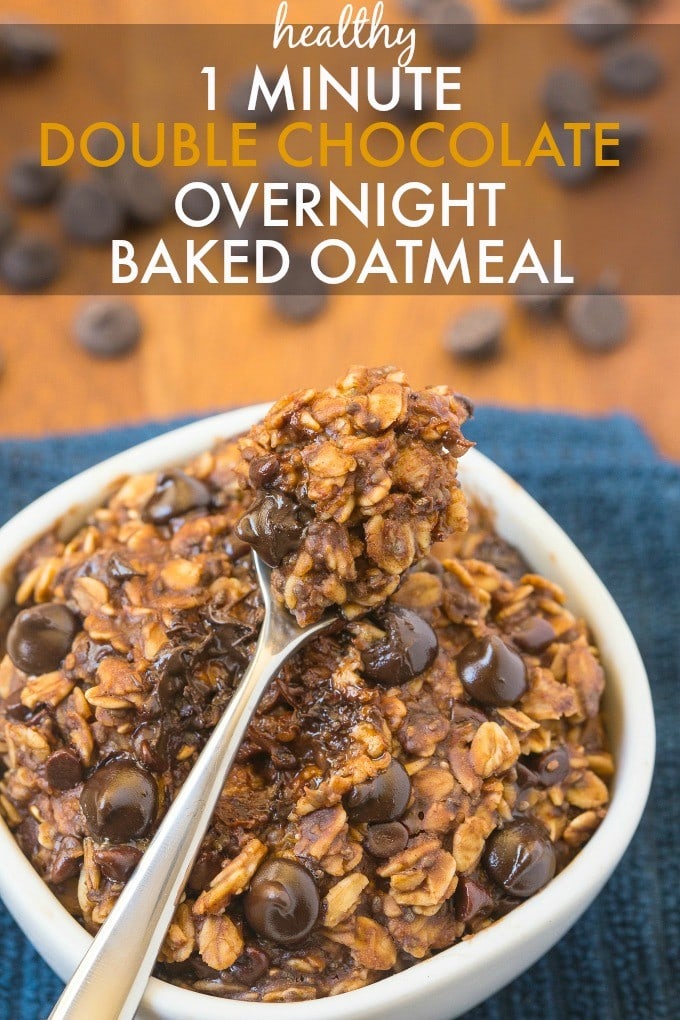 Healthy Double Chocolate Overnight Baked Oatmeal- The taste and texture of real baked oatmeal, minus ALL the fuss- Secretly healthy and SO easy! {vegan, gluten free, sugar free recipe}- thebigmansworld.com