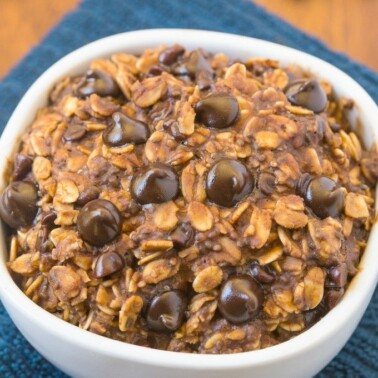 Healthy Double Chocolate Overnight Baked Oatmeal- The taste and texture of real baked oatmeal, minus ALL the fuss- Secretly healthy and SO easy! {vegan, gluten free, sugar free recipe}- thebigmansworld.com