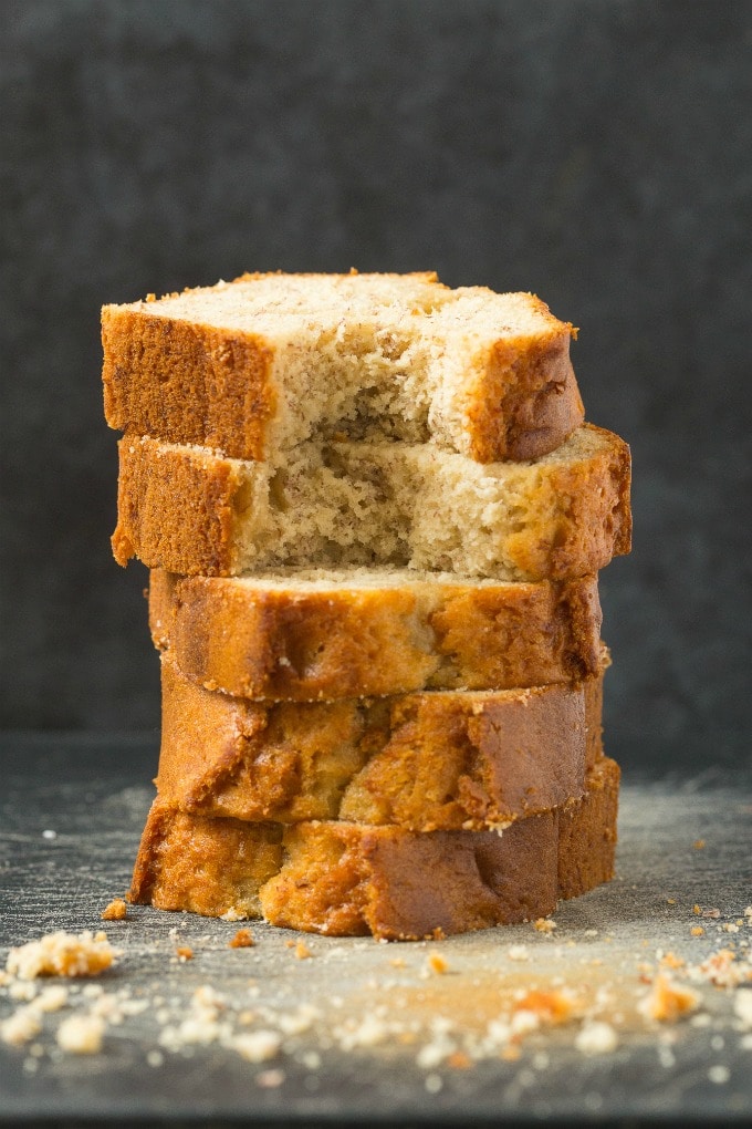 flourless banana bread sliced. 