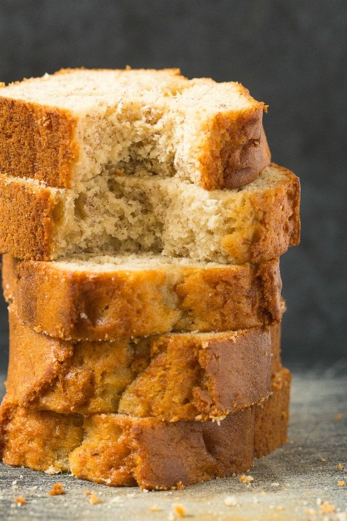 Close up shot of thick slices of homemade healthy banana bread