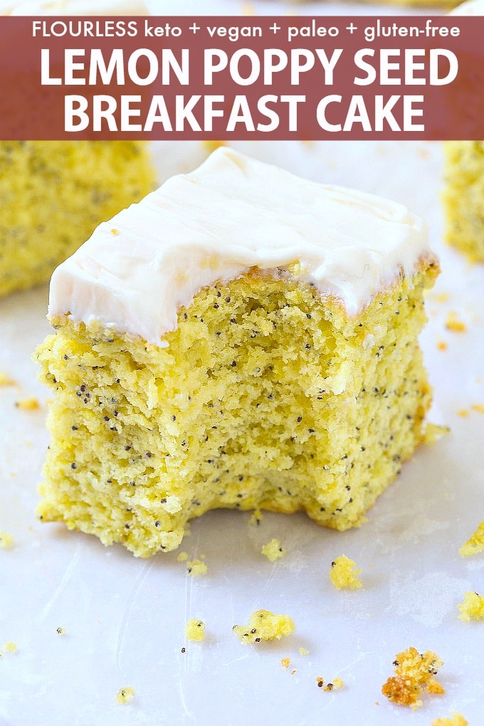 A slice of healthy low carb flourless lemon poppy seed breakfast cake topped with a healthy cream cheese frosting!